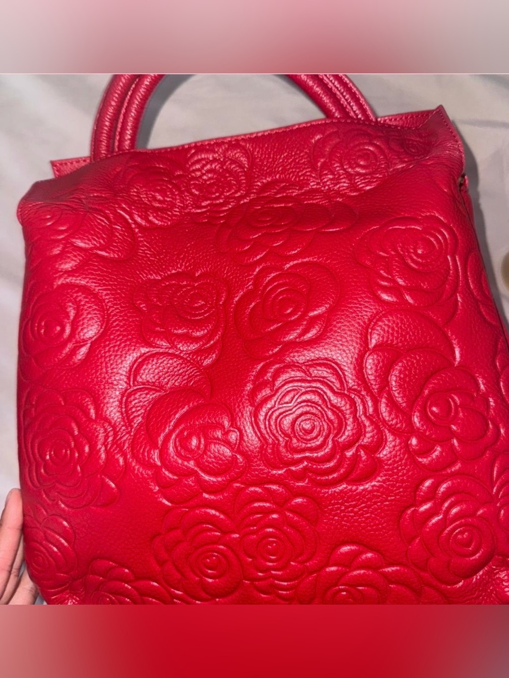 Red Embossed Floral Tote Bag